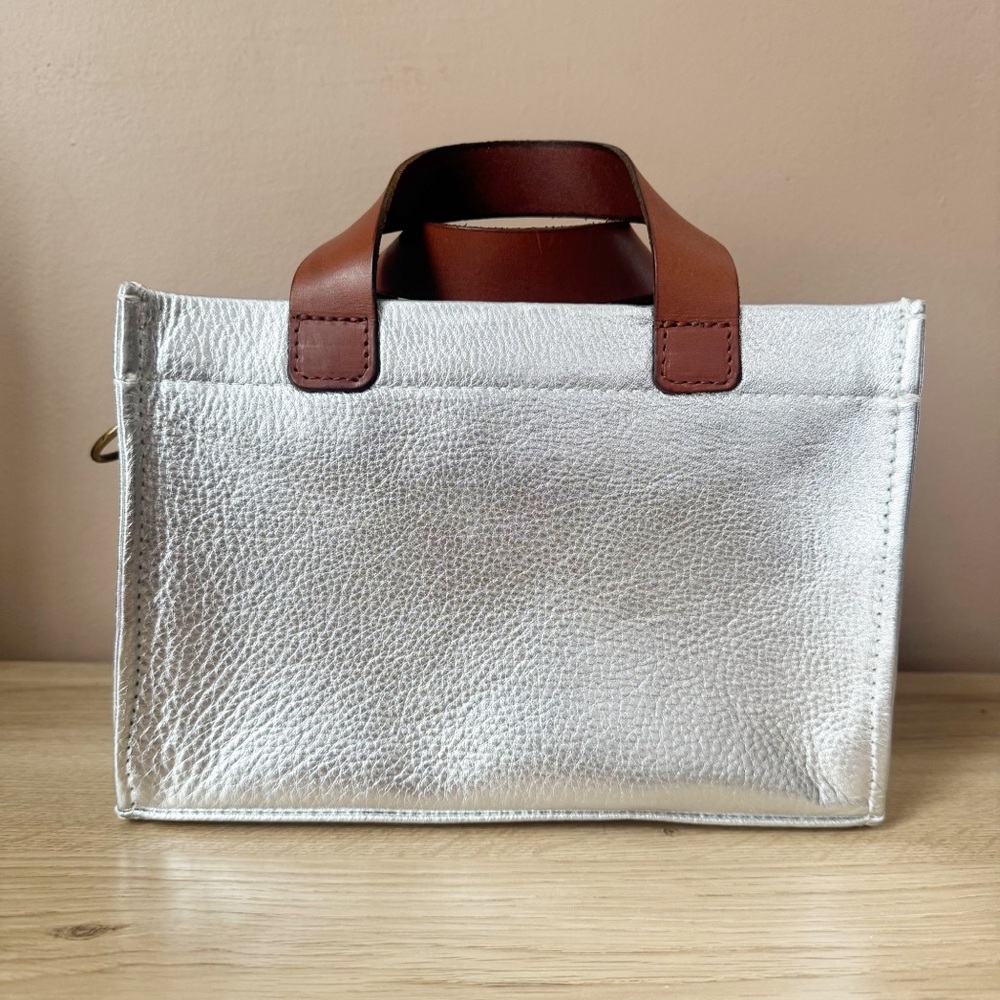Metallic Silver Tote with Brown Leather Handles